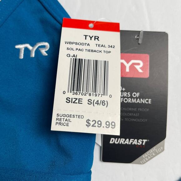 TYR DuraFast One Solid Pacific Tieback Top Swim Top Blue Teal - Size Small 4/6 - Picture 5 of 6